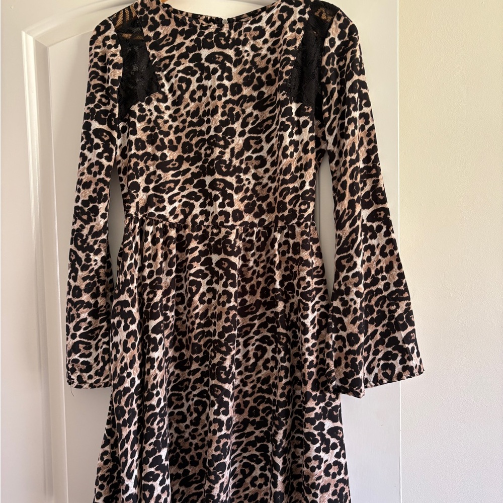 Leopard Print Long Sleeve A-Line Dress with Lace Shoulder Detail